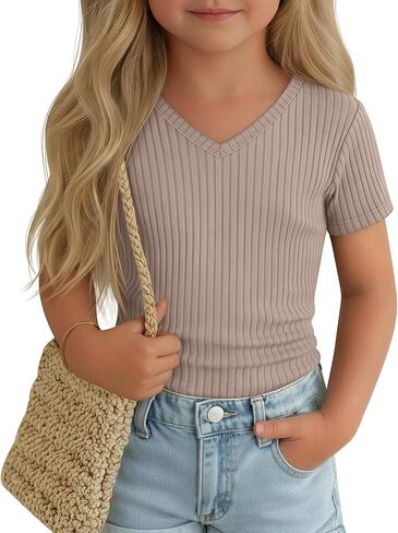 Toddler Girls Shirts Cotton | Short Sleeve, V Neck, Ribbed, Knit, Baby, Slim Fitted, Casual Tops, Summer, Soft, Breathable, Lightweight, 18M-5T in Saudi Arabia