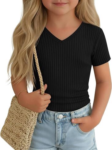 Toddler Girls Shirts Cotton | Short Sleeve, V Neck, Ribbed, Knit, Baby, Slim Fitted, Casual Tops, Summer, Soft, Breathable, Lightweight, 18M-5T in Saudi Arabia