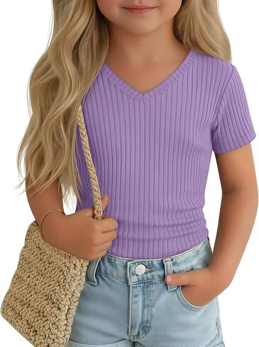 Toddler Girls Shirts Cotton | Short Sleeve, V Neck, Ribbed, Knit, Baby, Slim Fitted, Casual Tops, Summer, Soft, Breathable, Lightweight, 18M-5T in Saudi Arabia