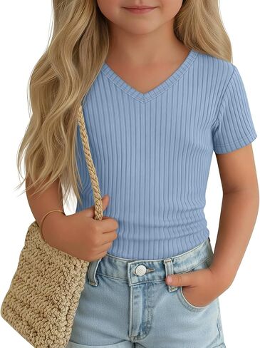 Toddler Girls Shirts Cotton | Short Sleeve, V Neck, Ribbed, Knit, Baby, Slim Fitted, Casual Tops, Summer, Soft, Breathable, Lightweight, 18M-5T in Saudi Arabia