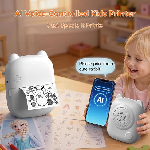 RayCue Printy AI Mini Voice-Control Printer, Kid-Safe AI Sticker Printer with Privacy Protection, Inkless Thermal Photo Printer, Bluetooth Pocket Printer for iOS & Android, 1 Rolls Adhesive Stickers in Kuwait