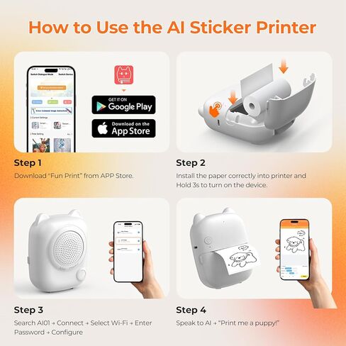 RayCue Printy AI Mini Voice-Control Printer, Kid-Safe AI Sticker Printer with Privacy Protection, Inkless Thermal Photo Printer, Bluetooth Pocket Printer for iOS & Android, 1 Rolls Adhesive Stickers in Kuwait