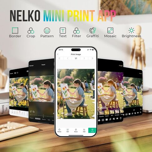 طابعة صور Nelko، طابعة صور صغيرة ملونة PP01، طابعة ملصقات نفث الحبر للهواتف الذكية الفورية لنظام iOS وAndroid، صور لاصقة من الخلف، طابعة صور مع 20 ورقة ورق صور صغير، أبيض in Kuwait