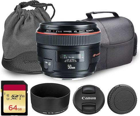 عدسة كانون EF 50 ملم f/1.2L USM | سلسلة L-Series Prime الاحترافية بفتحة f/1.2 فائقة السرعة وبصريات متقدمة وتركيز تلقائي USM سريع | للصور الشخصية والتصوير الفوتوغرافي الإبداعي (1257B002) + بطاقة سعة 64 جيجابايت + حقيبة in Kuwait
