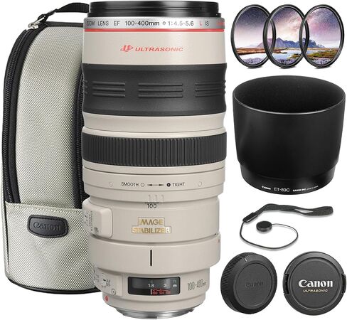 عدسة Canon EF 100-400mm f/4.5-5.6L هي عدسة USM | تكبير تليفوتوغرافي احترافي من سلسلة L مع تثبيت بصري للصورة وتركيز تلقائي سريع من النوع الدائري USM | للحياة البرية والرياضة (2577A002) + طقم الفلتر + المزيد in Kuwait