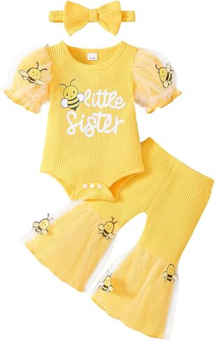 Newborn Baby Girl Clothes Infant Summer Bell Bottoms Outfits Puff Sleeve Romper Mesh Flare Pants Sets Headband in Saudi Arabia