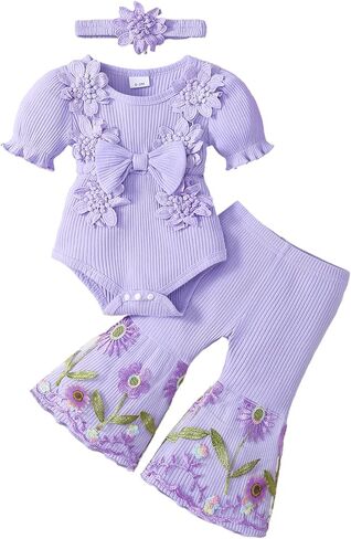 Newborn Baby Girl Clothes Infant Summer Bell Bottoms Outfits Puff Sleeve Romper Mesh Flare Pants Sets Headband in Saudi Arabia