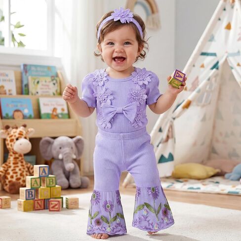 Newborn Baby Girl Clothes Infant Summer Bell Bottoms Outfits Puff Sleeve Romper Mesh Flare Pants Sets Headband in Saudi Arabia