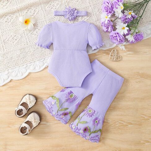 Newborn Baby Girl Clothes Infant Summer Bell Bottoms Outfits Puff Sleeve Romper Mesh Flare Pants Sets Headband in Saudi Arabia