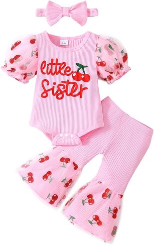 Newborn Baby Girl Clothes Infant Summer Bell Bottoms Outfits Puff Sleeve Romper Mesh Flare Pants Sets Headband in Saudi Arabia