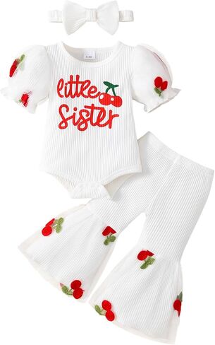 Newborn Baby Girl Clothes Infant Summer Bell Bottoms Outfits Puff Sleeve Romper Mesh Flare Pants Sets Headband in Saudi Arabia