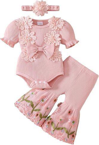 Newborn Baby Girl Clothes Infant Summer Bell Bottoms Outfits Puff Sleeve Romper Mesh Flare Pants Sets Headband in Saudi Arabia