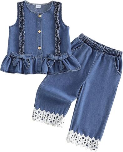 Ledy Champswiin Summer Toddler Girl Jean Outfit Button Tank Tops Lace Hem Denim Pants Set Little Girl Jeans Clothes in Saudi Arabia