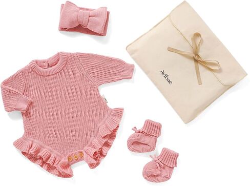 Avibae Cotton Newborns Set with Knit Sweater, Hair Band, Booties for Baby Girls, Warm Cute Infant 3 Piece Set in Kuwait