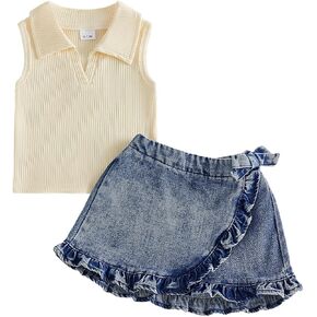 Toddler Baby Girl Summer Outfits Sleeveless Lapel Collar Ribbed Tank Tops Ruffle Jean Skirt Set Cute Clothes in Saudi Arabia