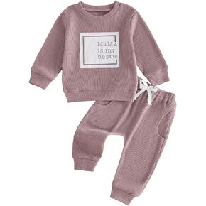 Tsultryofs Baby Girl Clothes Toddler Infant Fall Winter Outfit Letter Print Long Sleeve Pullover Tops and Stretch Pants Set in Kuwait