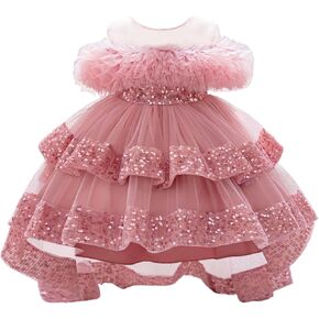 Lamgool Baby Girl Pageant Dress Sequins Off-the-Shoulder Flower Girl Dress with Ruffled High-Low Train Princess Birthday Gown in Saudi Arabia