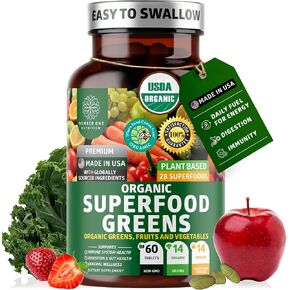 N1N Premium Organic Superfood Greens [28 مكونًا قويًا] مكمل فواكه وخضروات طبيعية مع البرسيم وجذور البنجر والزنجبيل لتعزيز الطاقة والمناعة وصحة الأمعاء، صنع في الولايات المتحدة الأمريكية، 60 قيراط in Kuwait