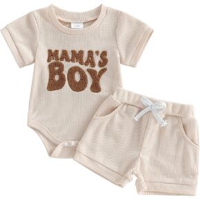 Newborn Baby Boy Girl Summer Outfits Mama's Boy Daddy's Girl Letter Embroidered Romper Waffle Shorts Set 2Pcs 0-9 M in Saudi Arabia
