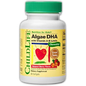 CHILDLIFE ESSENTIALS طحالب DHA مع فيتامين A واللوتين - مكمل طحالب DHA أوميجا 3، DHA قابل للمضغ للأطفال، يدعم نمو صحي للدماغ والعين - نكهة التوت الطبيعية، 60 كبسولة هلامية in Kuwait