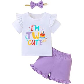 Baby Girl 2nd Birthday Outfit Toddler Girl I'm Two Cute Print Ruffle Short Sleeve Top and Shorts Set in Kuwait