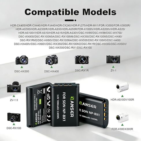 بطارية بديلة NP-BX1 مكونة من 3 قطع وشاحن ثلاثي القنوات متوافق مع Sony ZV-1 وCyber-Shot DSC-RX100 (I-VII) وRX1R II وHX90V وWX500 وFDR-X3000 (1090 مللي أمبير في الساعة) in Kuwait
