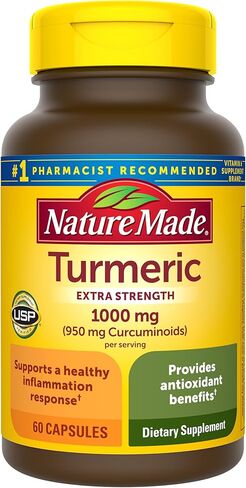 Nature Made Extra Strength Turmeric Curcumin with Black Pepper, 1000mg Turmeric extract (950mg Curcuminoids) per serving, Supports Healthy Inflammation Response, 60 Vegetarian Capsules, 30 Day Supply in Kuwait