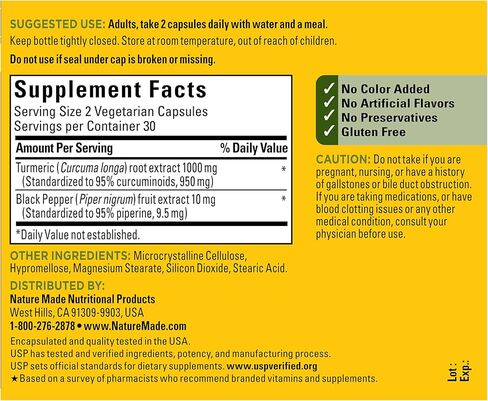 Nature Made Extra Strength Turmeric Curcumin with Black Pepper, 1000mg Turmeric extract (950mg Curcuminoids) per serving, Supports Healthy Inflammation Response, 60 Vegetarian Capsules, 30 Day Supply in Kuwait