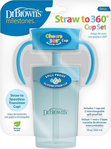 Dr. Brown's Milestones Straw to 360 Convertible Toddler Training Cup Set with Interchangeable Silicone Straw and 360 Degree Cup Lids, Blue Ocean, 10 oz/300 mL, BPA-Free, 9m+, 1-Pack in Saudi Arabia