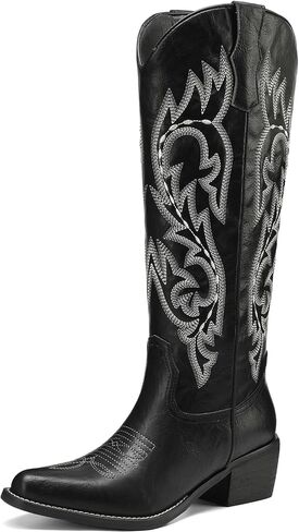 TEAIEUI Cowboy Boots for Women Wide Calf Knee High Western Cowgirl Boots Pointed Toe Chunky Block Low Heel Comfortable Stretch Riding Shoes in Kuwait
