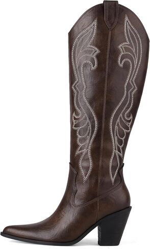 Celbreez Cowboy Boots for Women Knee High Cowgirl Boots with Embroidery Leather Pointed Toe Black Tall Cowboy Boot Chunky Heel Side Zip Western Boot Party Concert Country Shoes in Kuwait
