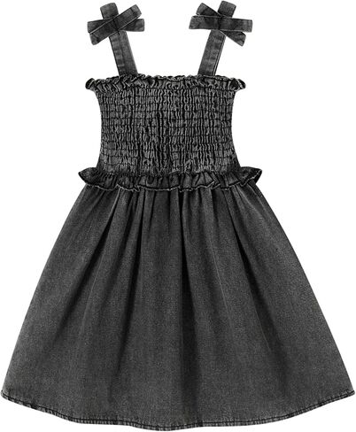 JEELLIGULAR Toddler Girl Dresses Smocked Denim Sundress with Bow Shoulder Straps Sleeveless Summer Dress for Baby Girls 6M-4T in Kuwait