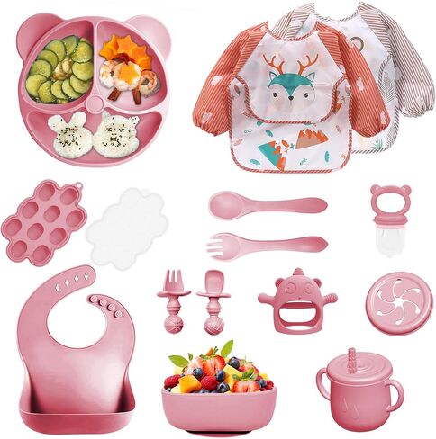Silicone Baby Feeding Set, 14 Pcs Baby Led Weaning Supplies, Baby Spoons & Forks Suction Bowl Divided Plate Bib Cup, First Stage Solid Food Eating Utensils - 6+ Months (Dark pink) in Kuwait