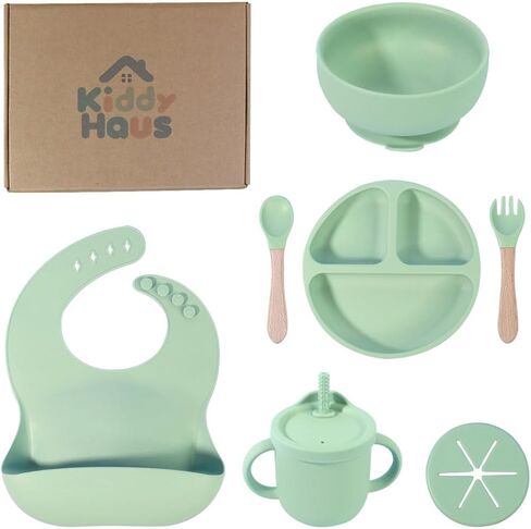 Silicone Baby Feeding Set | BPA-FREE |9 PCS Baby Led Weaning Supplies Self Feeding Utensils | Divided Suction Plate Bowl Bib Training Sippy Cup Spoon Fork (Green) in Kuwait