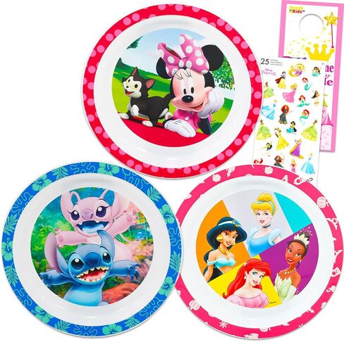Disney Dinnerware Set for Girls - 3 Pc Kitchen Accessories Bundle with Stitch, Princess, Minnie Mouse Plates Plus Stickers, More | Disney Plates for Girls, Kids, Toddlers in Kuwait