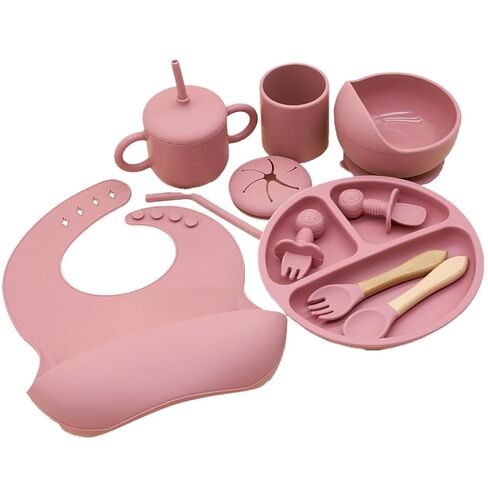 Silicone Baby Feeding Set Whimsy Blue Infant Tableware Collection with Bib Suction Bowl Utensils Straw Cup Snack Container in Kuwait
