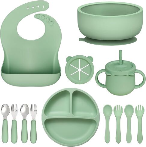 13 Pack Silicone Baby Feeding Set, BPA-Free Baby LED Weaning Supplies, Include Suction Plates, Bowls, Silicone and Stainless Steels Fork & Spoon, First Stage Infant Food Eating Utensils - 6+ Months in Kuwait