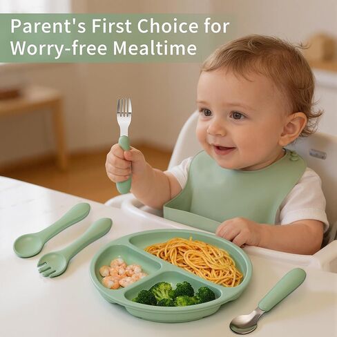 13 Pack Silicone Baby Feeding Set, BPA-Free Baby LED Weaning Supplies, Include Suction Plates, Bowls, Silicone and Stainless Steels Fork & Spoon, First Stage Infant Food Eating Utensils - 6+ Months in Kuwait