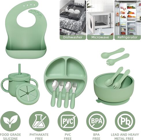 13 Pack Silicone Baby Feeding Set, BPA-Free Baby LED Weaning Supplies, Include Suction Plates, Bowls, Silicone and Stainless Steels Fork & Spoon, First Stage Infant Food Eating Utensils - 6+ Months in Kuwait