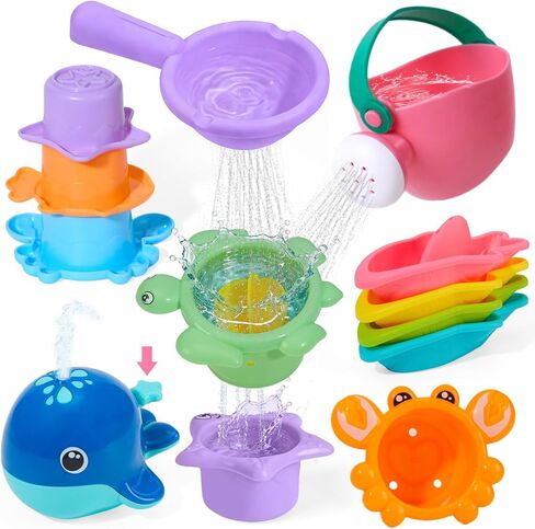 11 PCS Baby Bath Toys for Kids Ages 1-3, Open Design Mold Free Bath Toys, Bathtub Pool Water Toys for Toddlers 1-3 with Storage Bag, Whale Bath Toy & Stacking Cups & Watering Can, Boys Girls Gifts in Kuwait