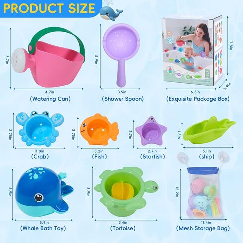11 PCS Baby Bath Toys for Kids Ages 1-3, Open Design Mold Free Bath Toys, Bathtub Pool Water Toys for Toddlers 1-3 with Storage Bag, Whale Bath Toy & Stacking Cups & Watering Can, Boys Girls Gifts in Kuwait