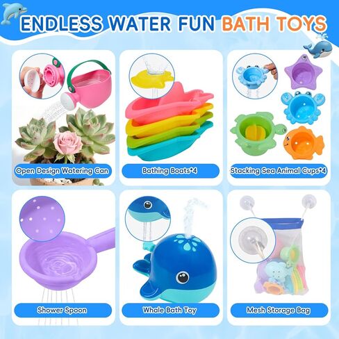 11 PCS Baby Bath Toys for Kids Ages 1-3, Open Design Mold Free Bath Toys, Bathtub Pool Water Toys for Toddlers 1-3 with Storage Bag, Whale Bath Toy & Stacking Cups & Watering Can, Boys Girls Gifts in Kuwait