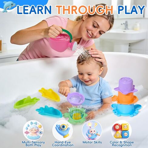 11 PCS Baby Bath Toys for Kids Ages 1-3, Open Design Mold Free Bath Toys, Bathtub Pool Water Toys for Toddlers 1-3 with Storage Bag, Whale Bath Toy & Stacking Cups & Watering Can, Boys Girls Gifts in Kuwait