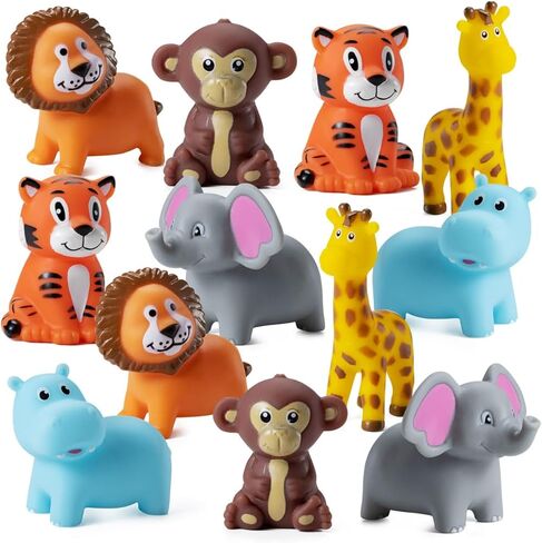 Mini Zoo Animals Bath Toys - (Pack of 12) Vinyl Rubber Jungle Safari Animal Figures, Squeezable Bath Tub Toys for Kids, Baby Shower, Birthday Party Supplies, Favors, Cake Decor, Table Decorations in Kuwait