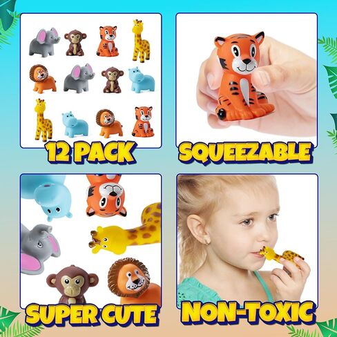 Mini Zoo Animals Bath Toys - (Pack of 12) Vinyl Rubber Jungle Safari Animal Figures, Squeezable Bath Tub Toys for Kids, Baby Shower, Birthday Party Supplies, Favors, Cake Decor, Table Decorations in Kuwait