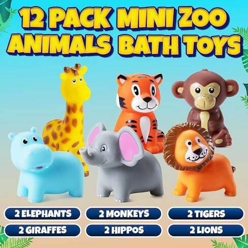 Mini Zoo Animals Bath Toys - (Pack of 12) Vinyl Rubber Jungle Safari Animal Figures, Squeezable Bath Tub Toys for Kids, Baby Shower, Birthday Party Supplies, Favors, Cake Decor, Table Decorations in Kuwait