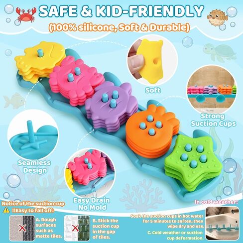 Baby Bath Toys for Kids Ages 1-3 Mold Free Bath Toys Toddlers 2-4 Silicone 21 PCS Ocean Shape Sorters for Toddlers 1-3 Stacking Bathtub Suction Water Play Toys for Toddlers 3-5 Boy Girl Early Learning in Kuwait