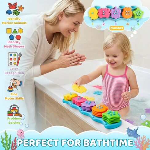 Baby Bath Toys for Kids Ages 1-3 Mold Free Bath Toys Toddlers 2-4 Silicone 21 PCS Ocean Shape Sorters for Toddlers 1-3 Stacking Bathtub Suction Water Play Toys for Toddlers 3-5 Boy Girl Early Learning in Kuwait