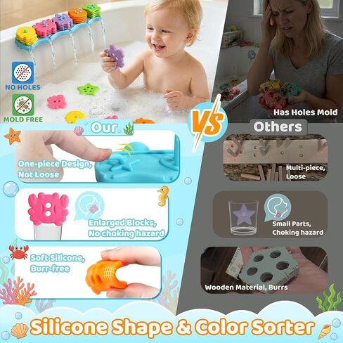 Baby Bath Toys for Kids Ages 1-3 Mold Free Bath Toys Toddlers 2-4 Silicone 21 PCS Ocean Shape Sorters for Toddlers 1-3 Stacking Bathtub Suction Water Play Toys for Toddlers 3-5 Boy Girl Early Learning in Kuwait