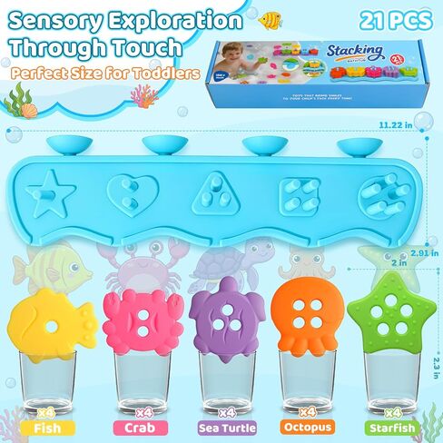Baby Bath Toys for Kids Ages 1-3 Mold Free Bath Toys Toddlers 2-4 Silicone 21 PCS Ocean Shape Sorters for Toddlers 1-3 Stacking Bathtub Suction Water Play Toys for Toddlers 3-5 Boy Girl Early Learning in Kuwait